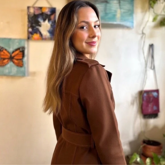 American Vintage Brown Double-Breasted Belted Trench Coat - Picture 5 of 12